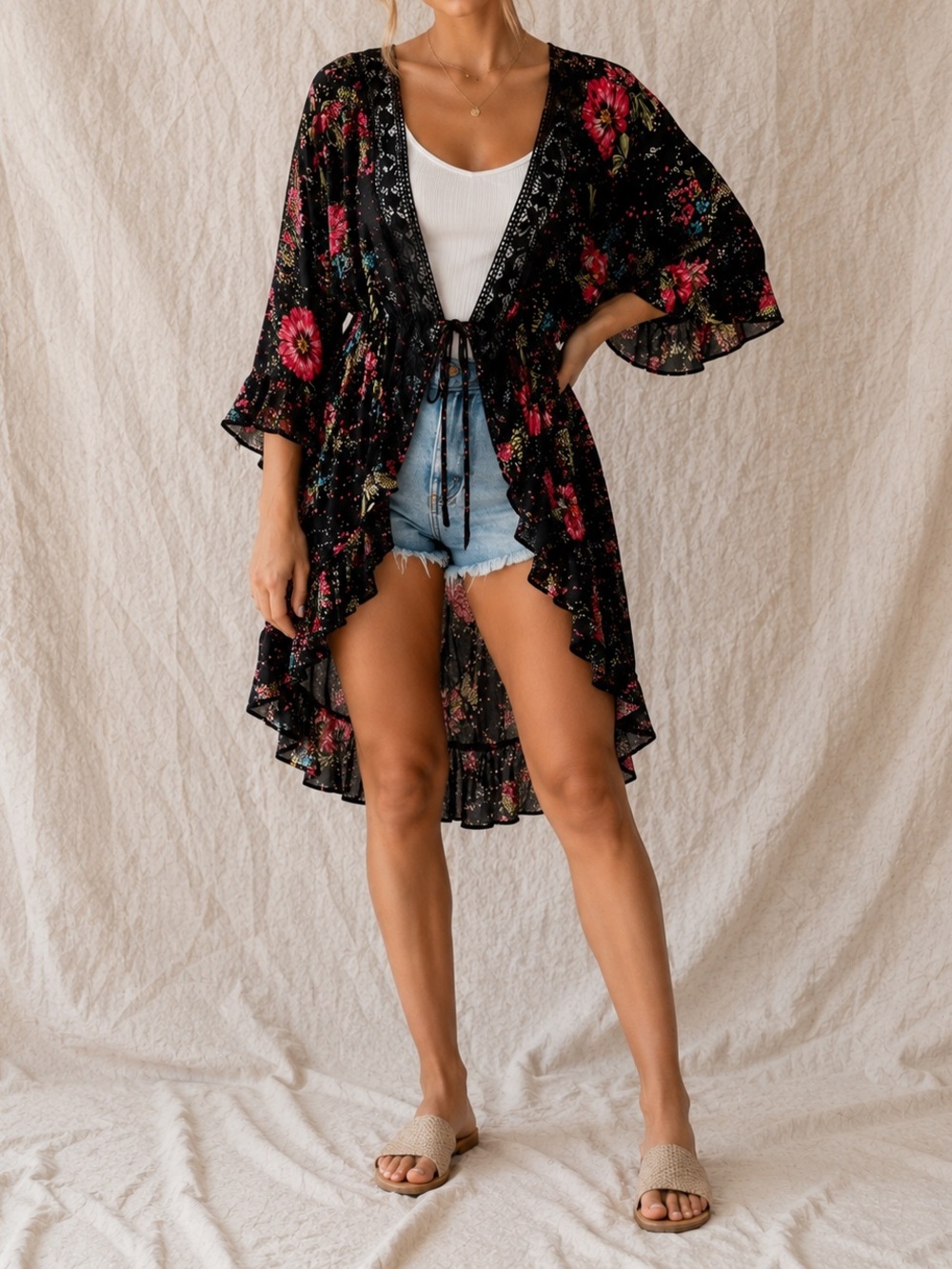 Maurices Floral Boho Kimono Cover Up Black Pink Hi Low Ruffle Large